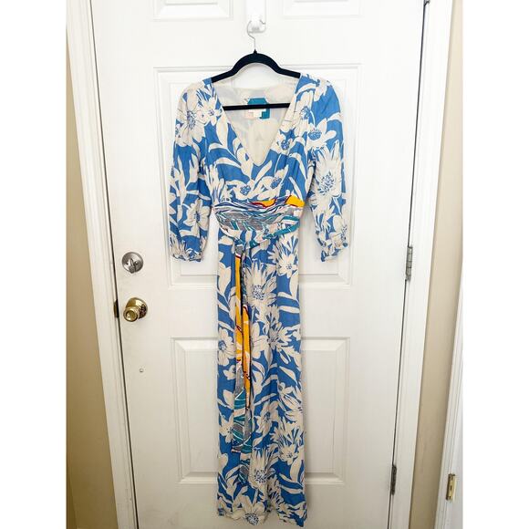 Maeve Anthropologie Dress Womens 2 Blue White Floral Maxi Wrap Belted V Neck - Picture 3 of 9